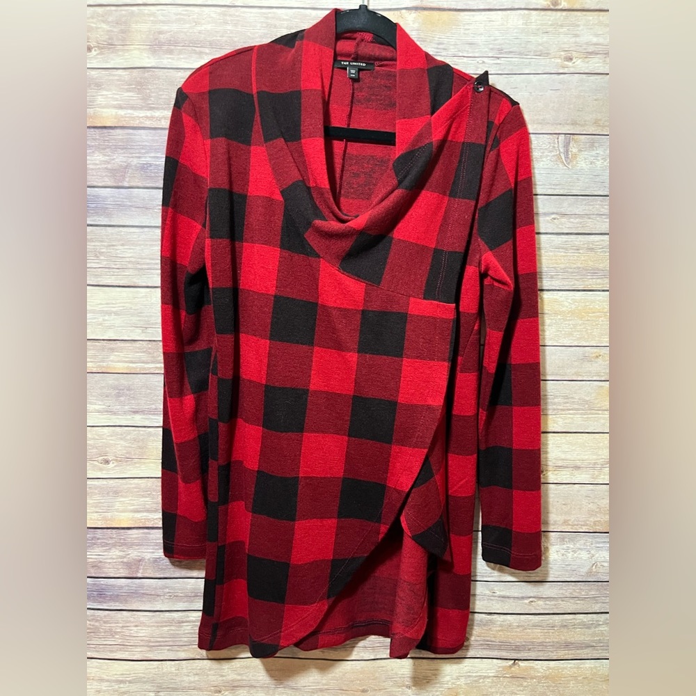 The Limited Buffalo Check Plaid Cardigan Poncho Wrap  Black Red Size Small E2